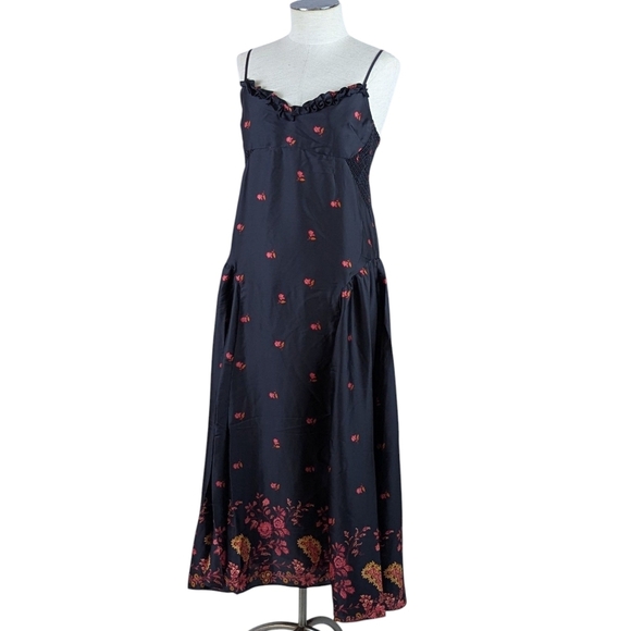 Free People On My Own Maxi Dress Sleeveless Floral Print Satin Black Combo M NWT - Picture 10 of 14
